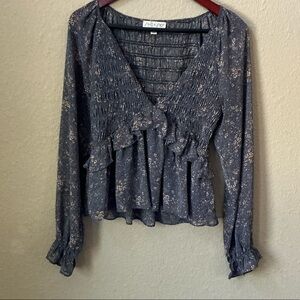 She + Sky Navy Floral Ruffle Blouse